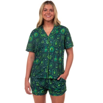 Wicked Pajamas Women's Elphaba Defy Notch Collar Top and Short 2 Piece Set Green