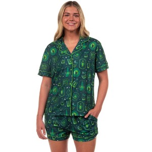 Wicked Pajamas Women's Elphaba Defy Notch Collar Top and Short 2 Piece Set Green - 1 of 4