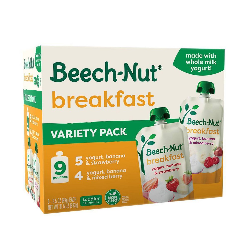 Beech-Nut Fruit & Yogurt Baby Food Pouches, Breakfast Variety Pack - 9ct Pouches: Toddler Pureed Meals, Age 12 Months+, Ready to Eat
