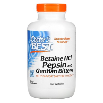 Doctor's Best Bétaïne HCL, Pepsine & Gentiane Bitters - 360 Capsules - Aide Digestive