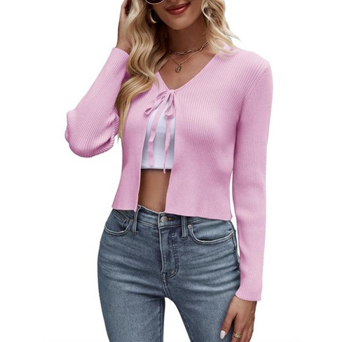 Womens Tie Front Sweater Cardigan Long Sleeve Rib Knit Shrug For Dress Sweaters Crop Tops Womens Soft Cardigan Pink s Target