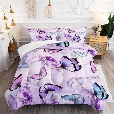 Hachikiko Lavender Butterfly Comforter Set - Queen Size 3PCS (1 Comforter + 2 Pillowcases)-Colorful 3D Print,Ultra-Soft Microfiber ,Queen Size