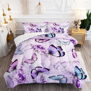 Hachikiko Lavender Butterfly Comforter Set - Queen Size 3PCS (1 Comforter + 2 Pillowcases)-Colorful 3D Print,Ultra-Soft Microfiber ,Queen Size - 1 of 4