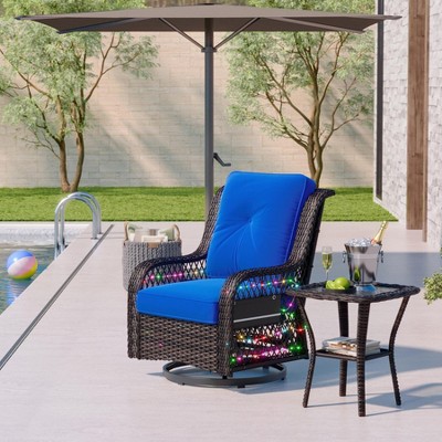 Bestier Outdoor Wicker Swivel Glider Chair with Tempered Glass Table, LED Patio Rocker with 4" Anti-Slip Navy Cushion