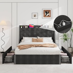 Bed Frame with 4 Storage Drawers, Button Tufted Upholstered Platform Bed with Storage Wingback Headboard, No Box Spring Needed, Easy Assembly - 1 of 4