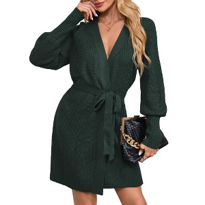 BLUEMING Women Fall Winter Dress 2025 V Neck Long Sleeve Ribbed Knit Belted A Line Mini Knit Dress - 1 of 4