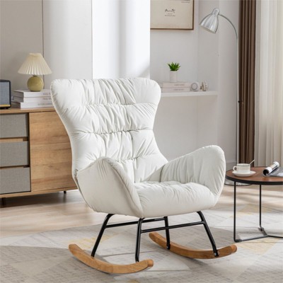 Image of April Ivory Velvet Fabric Upholstered Glider Rocker,Nursery Rocking Chair,with High Backrest Mid Century Rocking Chair-Maison Boucle‎
