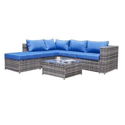 4 Pieces Wide Outdoor Rattan Sectional Sofa with Cushions,Small Patio Wicker Furniture,PE Rattan Sectional Sofa Set  (Black + Gray Cushion)