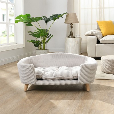 30" Elevated Small Dog Bed Frame with Corduroy Cushion,Modern Pet Sofa With Wooden Legs for Dogs up to 25 lbs-LAOTIES