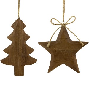 Northlight Tree and Star Wooden Christmas Ornaments - 5" - Brown - Set of 2 - 1 of 4