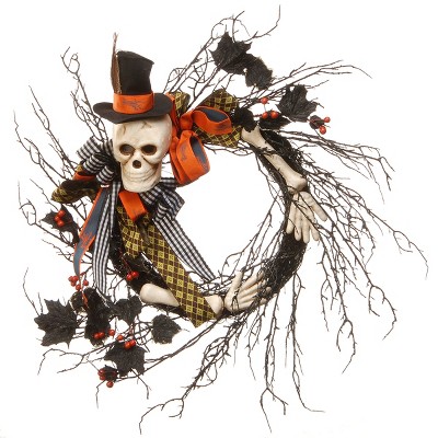 National Tree Company Artificial Skeleton's Halloween Wreath, Decorated with Branches, Orange and Black Trim, Berry Clusters, Assorted Leaves, 24 in