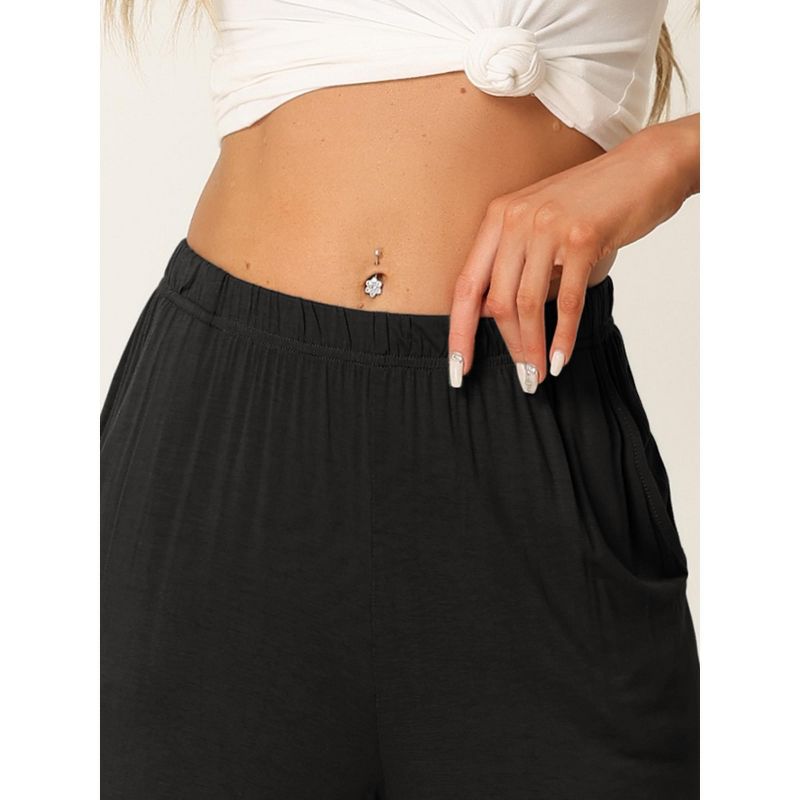 cheibear Women's Cotton Elastic Waist Straight Wide-Leg Sleep Pants with Pockets, 4 of 6