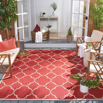 Red and Creme Geometric Square Synthetic Area Rug, 4'x4'