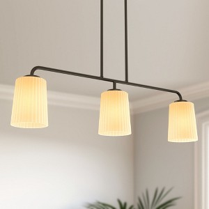 DORESshop 3-Light Modern Kitchen Island Pendant Light Fixture ¨C Black Frame with Striped Milky White Cone Shades, E26 Base (Bulbs Not Included) - 1 of 4