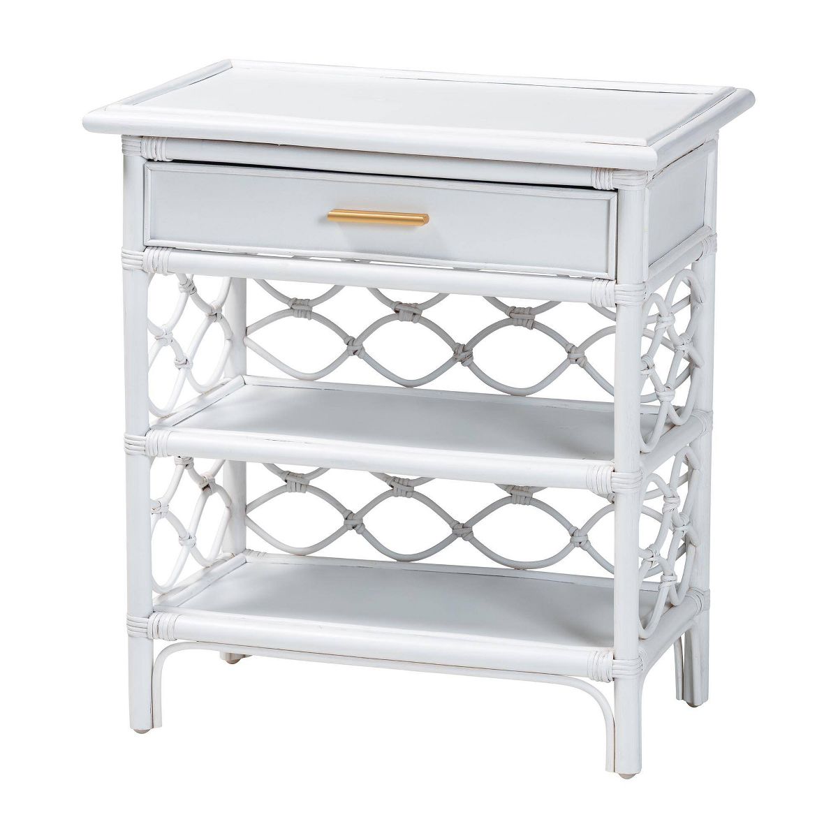 bali & pari Akane Natural Rattan Nightstand with Drawer and Open Shelves White