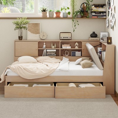 Merax Wooden L-Shaped Daybed with Upholstered Storage Headboard, USB Charging Ports & Storage Bookcase