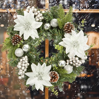 16 Inch Artificial Xmas Wreath with Silver Flower Berries and Pine Cones Ornaments