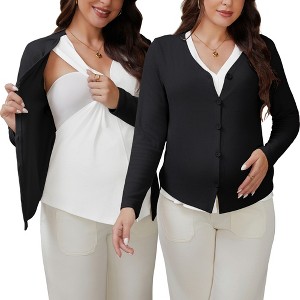 INSPIRE CHIC Women's Maternity Button Down Shirts Pregnancy Clothes Long Sleeve V Neck Faux 2-Pcs Nursing Tops - 1 of 4
