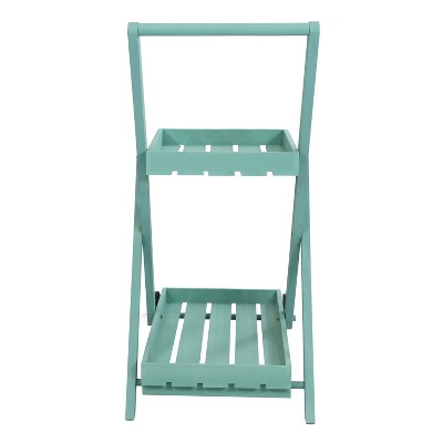 Robin Egg Blue 2-Tier Fir Wood Wheeled Planter Stand