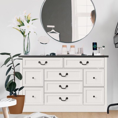 Farmhouse 9-Drawer Dresser with Charging Station, 54" Wide Vintage Wood Chest, Metal Handles, for Bedroom, Living Room, Hallway ¨C TV Stand