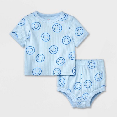 Baby 2pc Smiley Short Sleeve Top & Shorts Set - Cat & Jack™ Blue 6-9M