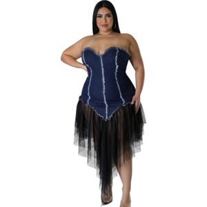 Slickblue Plus Size Non-Stretch Denim Dress, Tube Silhouette, Sweetheart Neckline, Asymmetrical Hem, Size 1XL-3XL - 1 of 4