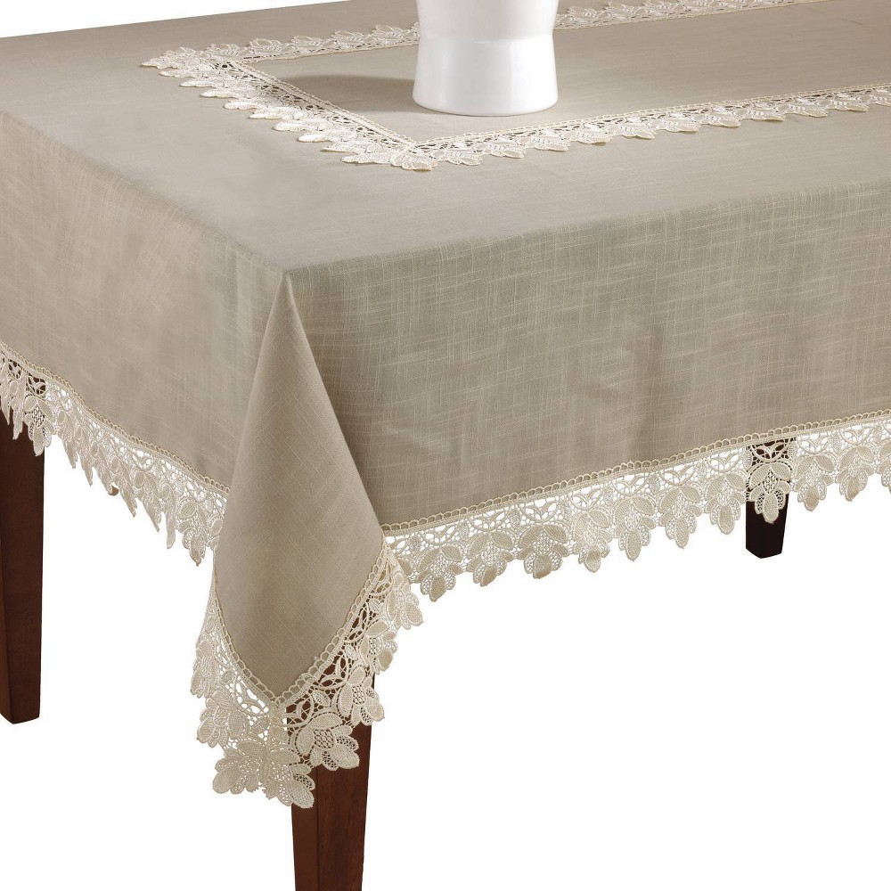 Photos - Tablecloth / Napkin Taupe Lace Trimmed Tablecloth  - Saro Lifestyle(65"x140")