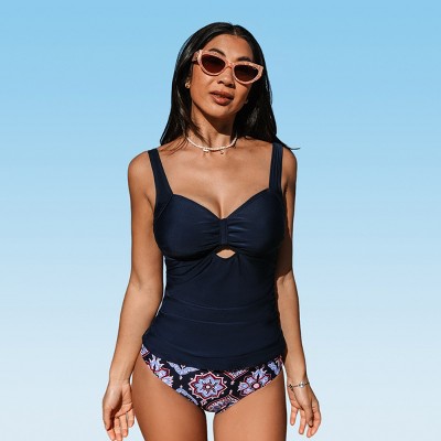 Women's Navy Diamond Neck Tankini Top & Ornate Bottom Swimwear Set - Cupshe-S-Multicolored