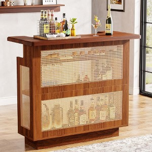 LOVSON 47.24''Farmhouse Caramel Brown Rattan Home Bar Unit, 4-Tier Liquor Cabinet with Stemware Racks for Living room - 1 of 4
