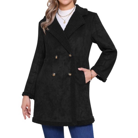 INSPIRE CHIC Women's Faux Shearling Double Breast Lapel Fleece Long Casual Faux Fur Jackets with Pockets Small Black