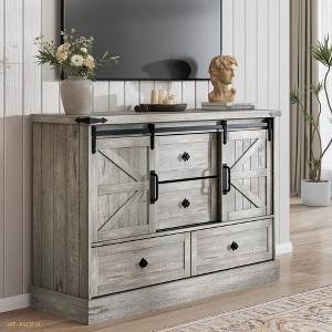 Farmhouse Wood TV Stand with Sliding Barn Doors & 4 Large Drawers - 1 of 4