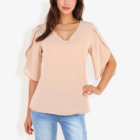 Anna-Kaci Women's Velvet Blouse with V-Neck and Button Detail