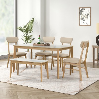 LOVSON 6-piece Dining Table Set, One Table One Bench and Four Chairs, High Gloss White Tabletop With Light Oak Color