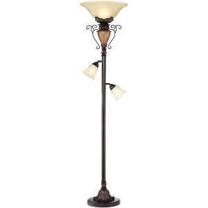 Regency Hill Ludo Rustic Vintage Torchiere Floor Lamp with Side Lights 72" Tall Bronze Crackle Adjustable Alabaster Glass for Living Room Reading Home - 1 of 4