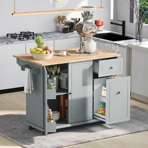 53.9" Kitchen Island with Drop Leaf, Kitchen Island Cart with Internal Storage Shelves and 3-Tier Pull-Out Cabinet Organizer - ModernLuxe - 1 of 4