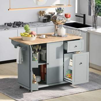 53.9" Kitchen Island with Drop Leaf, Kitchen Island Cart with Internal Storage Shelves and 3-Tier Pull-Out Cabinet Organizer - ModernLuxe