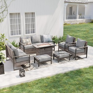 Sonkuki Patio Sofa Set with 45'' Fire Pit Table, All-Weather PE Rattan Wicker Patio Conversation Couch with Cushion - 1 of 4