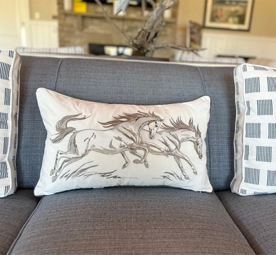 Embroidered White and Gray Cotton Lumbar Throw Pillow