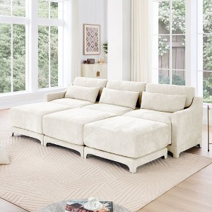 3-Seater Chenille Fabric Beige Sofa with 3 Movable Ottomans and Lumbar Pillow High Quality Wooden Base High Resilience Sponge - 1 of 4