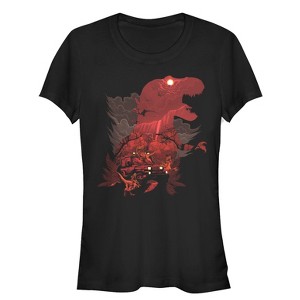 Juniors Womens Jurassic Park T.Rex, Velociraptor Invite You To Visit Beautiful Landscape T-Shirt - 1 of 3