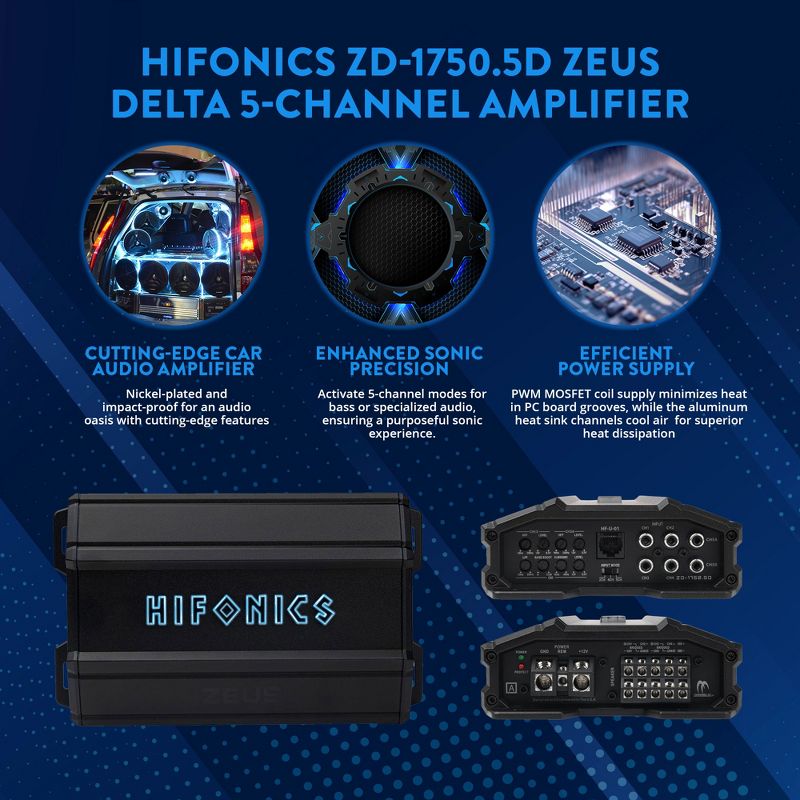 Hifonics Zeus Delta 1,750 Watt Compact 5 Channel Nickel Plated Mobile Car Audio Amplifier with Auto Turn On Feature, ZD-1750.5D, Black, 3 of 7