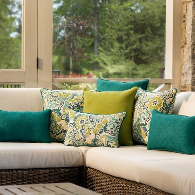 Mallard Blue Floral Linen Outdoor Lumbar Throw Pillow Set