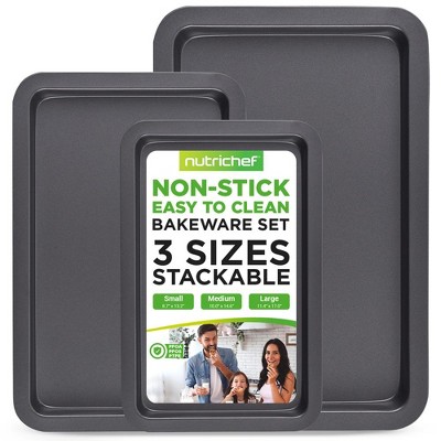 NutriChef 3-Pc Nonstick Cookie Sheet Baking Pan Set - Professional Kitchen Bakeware, Black Coating
