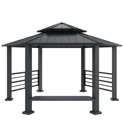 AMERLIFE 13x15FT Hardtop Hexagon Gazebo, Double-Tier Pavilion with Bench, Patio/Garden/Backyard