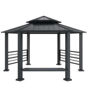 AMERLIFE 13x15FT Hardtop Hexagon Gazebo, Double-Tier Pavilion with Bench, Patio/Garden/Backyard - 1 of 4