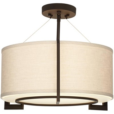 Bronze Semi Flush Mount Ceiling Light with Beige Linen Drum Shade