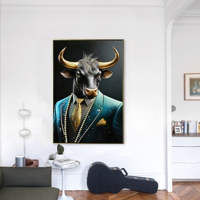 Executive Blue Buffalo Canvas Wall Art,Dapper Animal Portrait in Tailored Suit Modern British Humour Home Decor Gallery Artwork for Office Study Room