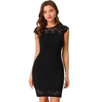 Allegra K Women's Elegant Stretch Knit Cap Sleeve Allover Floral Lace Bodycon Dress