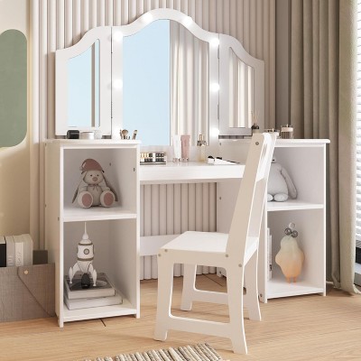 Princess Makeup Vanity Set for Girls - Tri-Fold Mirror, Storage Shelves & Chair, Wooden Dressing Table for Toddler Pretend Play