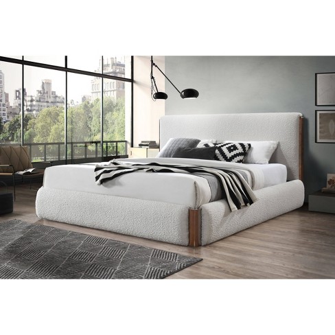 88.98" Queen Bed Sandro Bed White Boucle & Walnut Finish - Acme Furniture: Linen Upholstery, Chrome Frame, No Tools Assembly - image 1 of 4